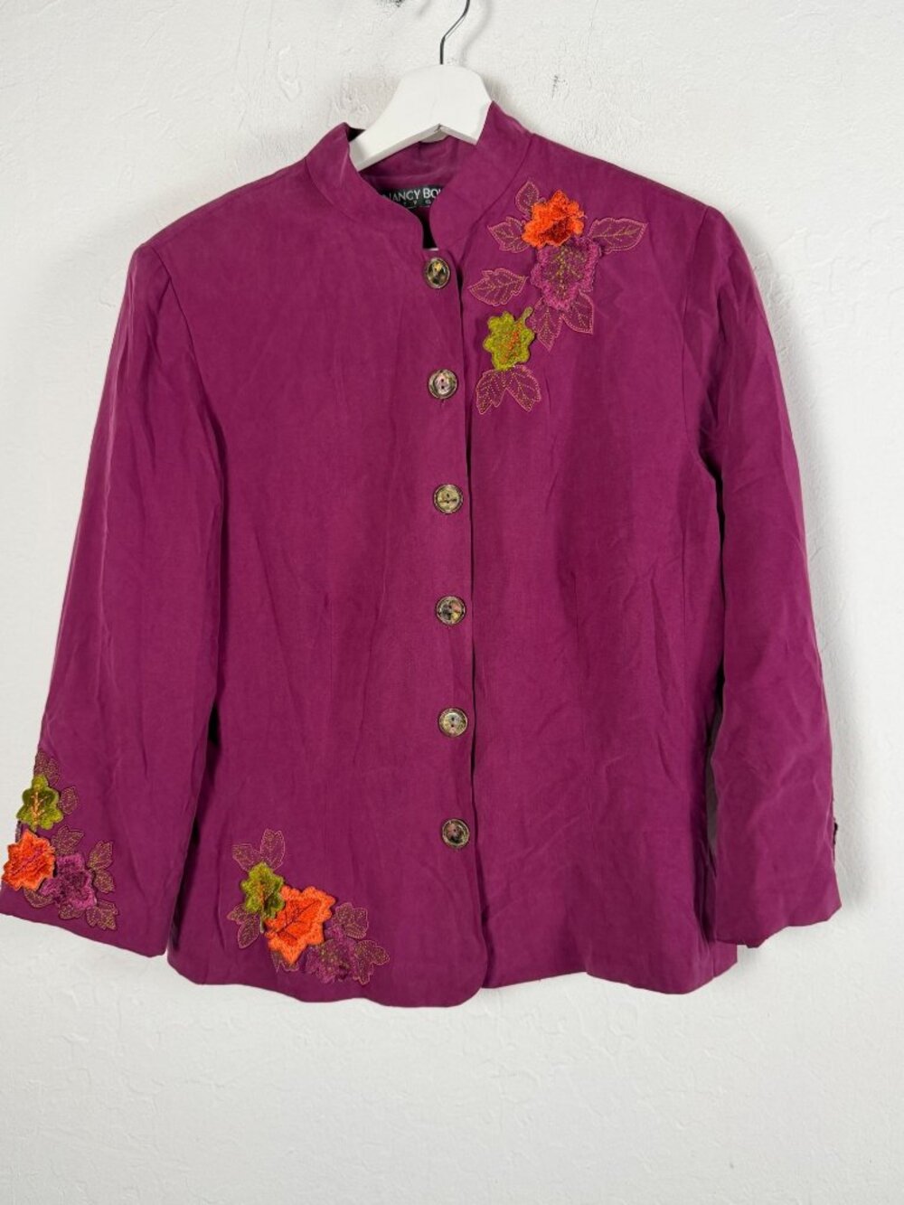 Nancy Bolen City Girl Magenta Pink Jacket Embroidered Floral Applique Mandarin